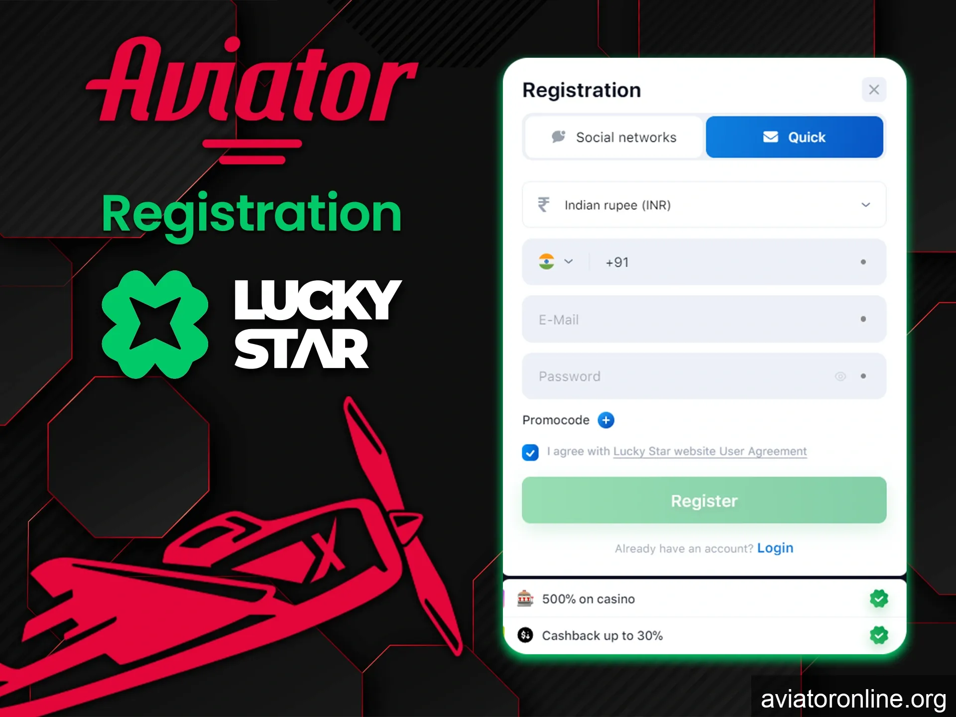 Before you start playing Aviator register an account with Lucky Star.